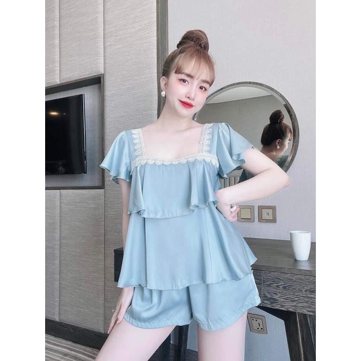 Đồ Bộ Mặc Nhà Nữ quần đùi vải Lụa Satin Phối Ren Freesize dưới 58kg * Đồ ngủ sexy