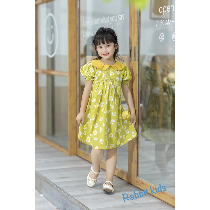 Váy Mùa Hè Bé Gái💝FREESHIP💝Rabbit Kids-Đầm Size Đại Cho Bé 8-40kg Xanh Cốm Cổ Vàng Chất Đũi Mềm Mại Thoáng Mát