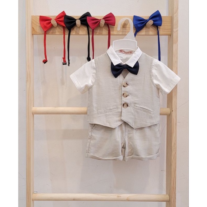 Nơ cà vạt bé trai phối bộ vest gile yếm công tử đầy tháng thôi nôi dự tiệc