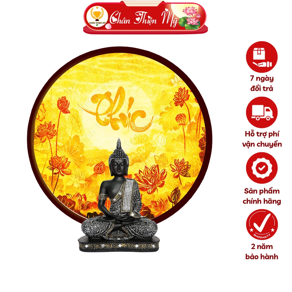 Đèn Hào Quang Hoa Sen Chữ Phúc In Tranh Trúc Chỉ CHÂN THIỆN MỸ, Tranh Treo Phòng Thờ, Trang Trí Tượng Phật TC-HQ-44