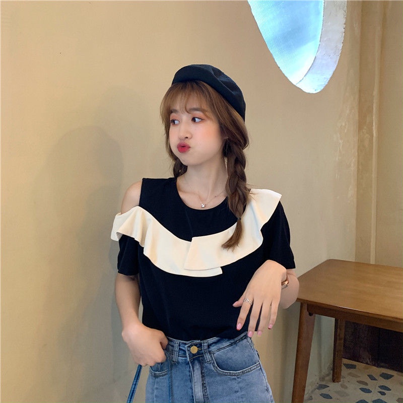 Áo Chiffon Tay Ngắn Trễ Vai Phối Bèo Màu Sắc Tương Phản Phong Cách Hàn Quốc Thời Trang Cho Nữ  tao bao