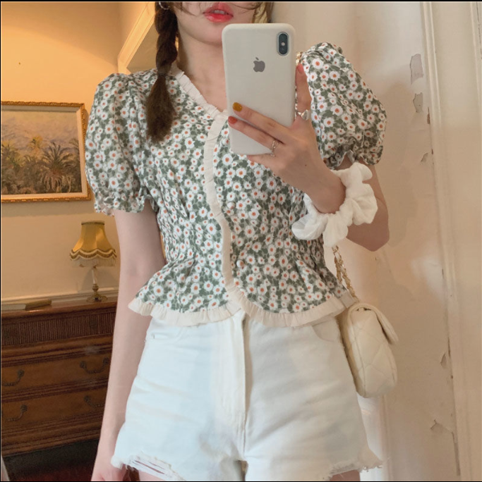Áo croptop tay ngắn phong cách retro xinh xắn cho nữ