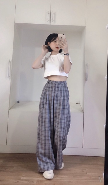 Delys - Quần vải ống xuông rộng (Caro Tím) | BigBuy360 - bigbuy360.vn