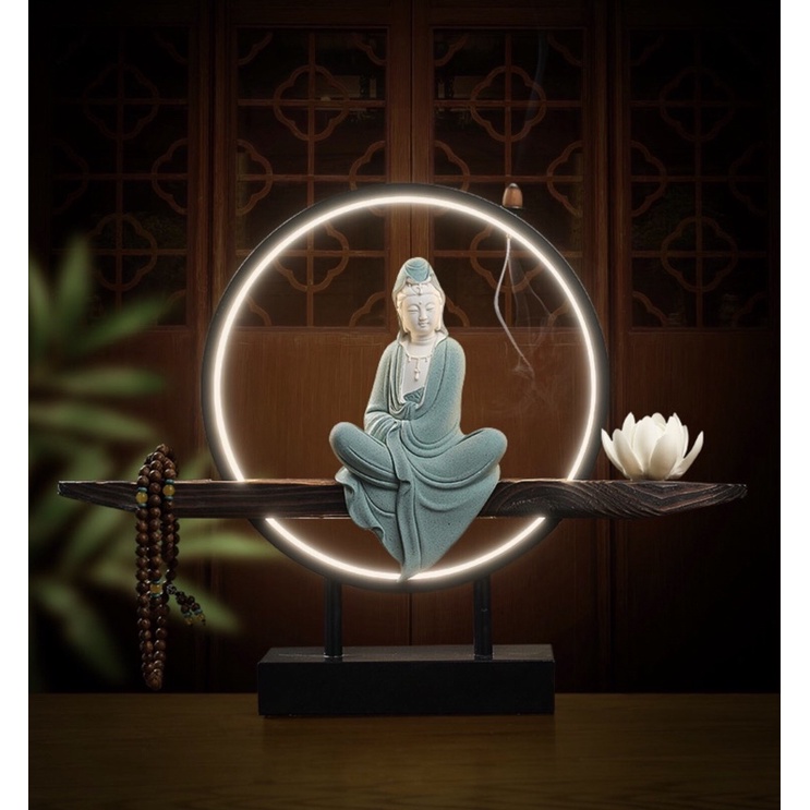 Tượng Quan Thế Âm Bồ Tát Gốm Tử Sa - Tượng Phật Trang Trí Decor Đèn Led Cao Cấp