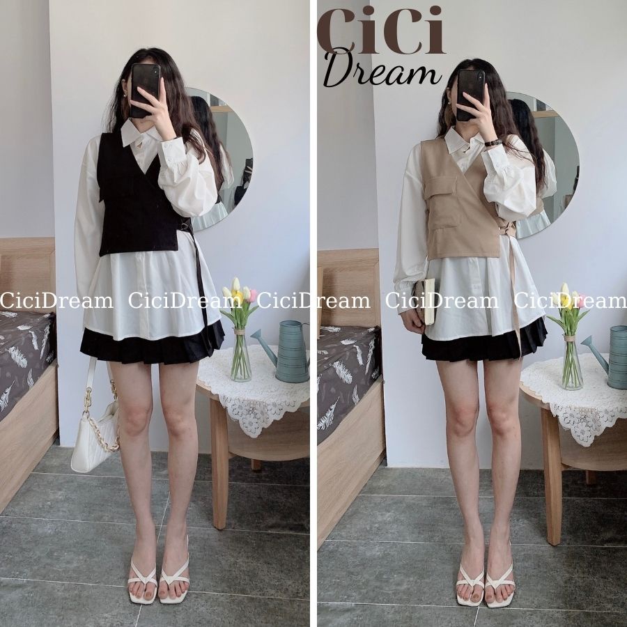 Set áo sơ mi trắng nữ kèm gile buộc nơ eo sang chảnh, Set áo váy form dài cùng yếm gile đai lệch vạt điệu đà