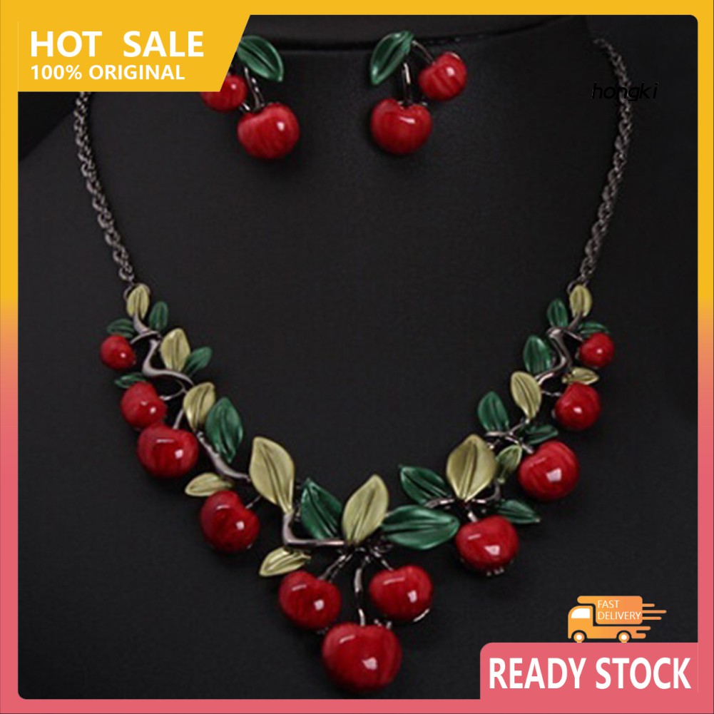 (Hàng Mới Về) 1 Bộ vòng cổ + Bông Tai Hình Quả Cherry Đỏ Phong Cách Cổ Điển