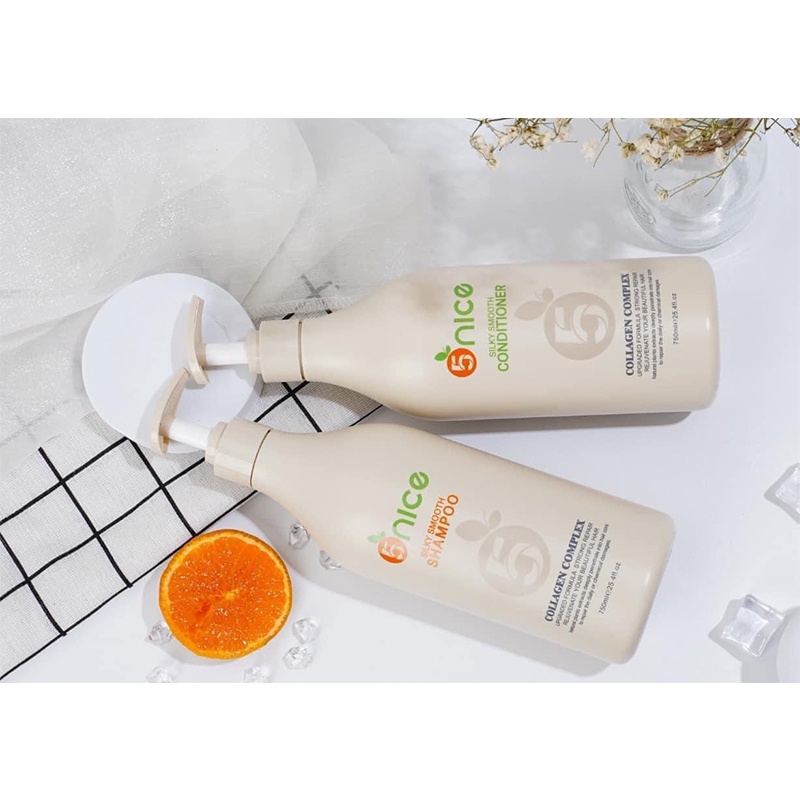 Dầu gội xả cặp collagen 5nice 750ml, keratin dưỡng tóc phục hồi tóc hư tổn chống gàu combo chăm sóc tóc uốn nhuộm duỗi