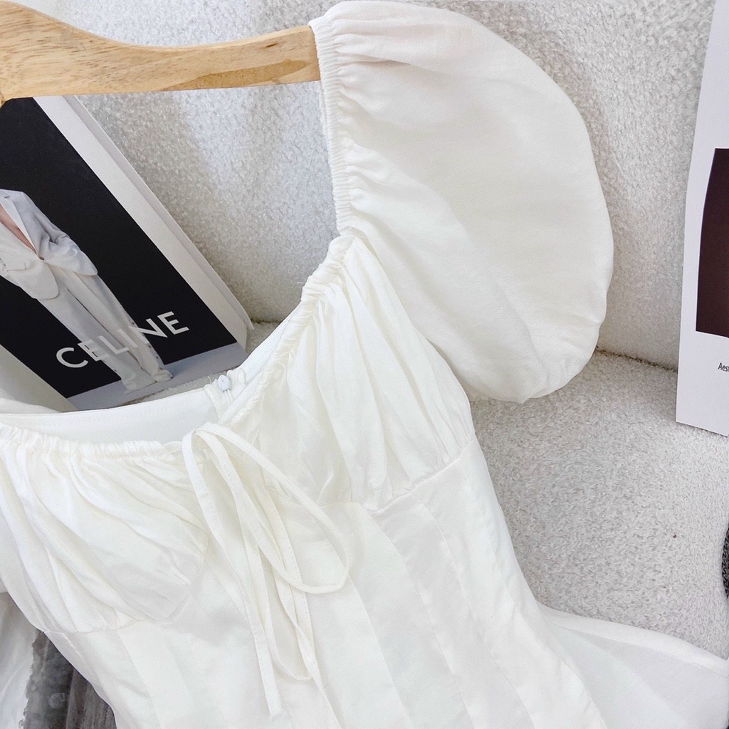 Đầm Trắng Cổ Vuông 💖DEMISS💖 Váy Trắng Cổ Vuông Tay Phồng Dáng Eo Quyễn Rũ - V-Trắng-29