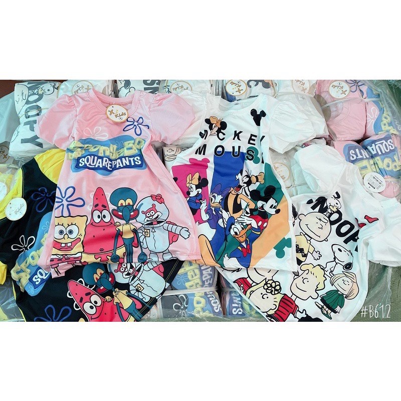 Váy bé gái - Váy hoạt hình 3D họa tiết Mickey, Snoopy xinh xắn cho bé 8-35Kg