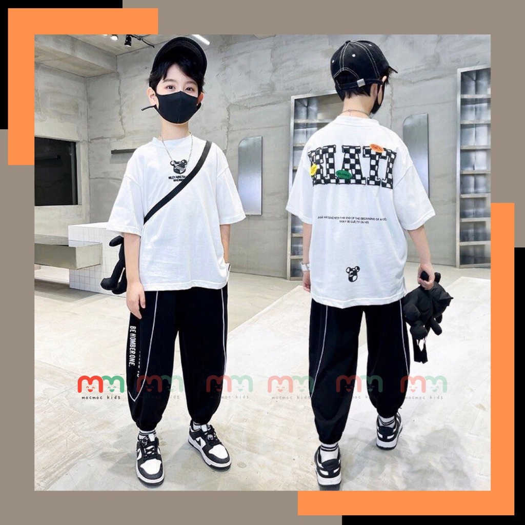 Set thể thao bé trai hip hop cá tính áo thun lệch tà phối quần jogger thun cotton cao cấp co dãn mềm mịn cho bé 9kg-52kg