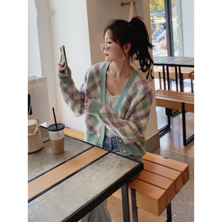 Porozi  Áo len cardigan dệt kim  cổ chữ V đính đá phong cách Hàn Quốc thời trang dành cho nữ