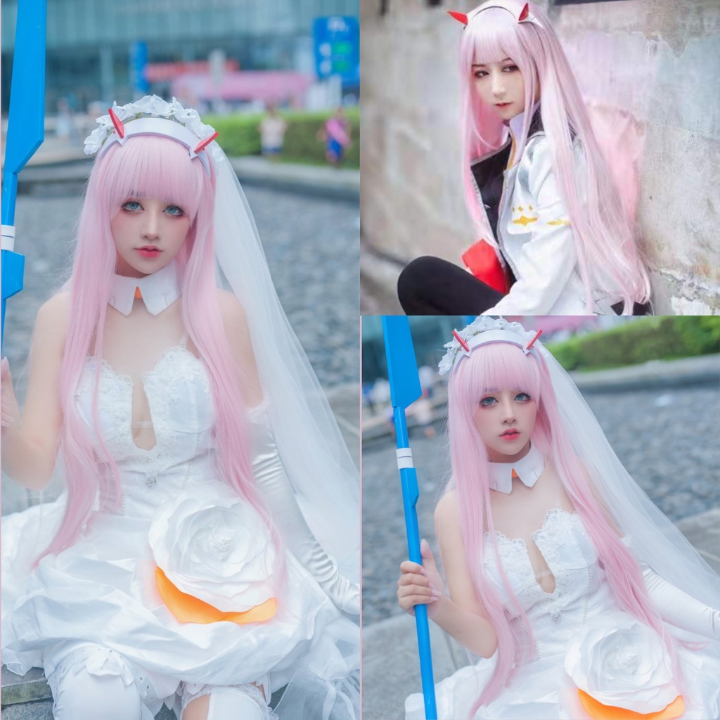 Wig/tóc giả cosplay Zero Two 02 002 darling in the franxx màu hồng nhạt 100cm