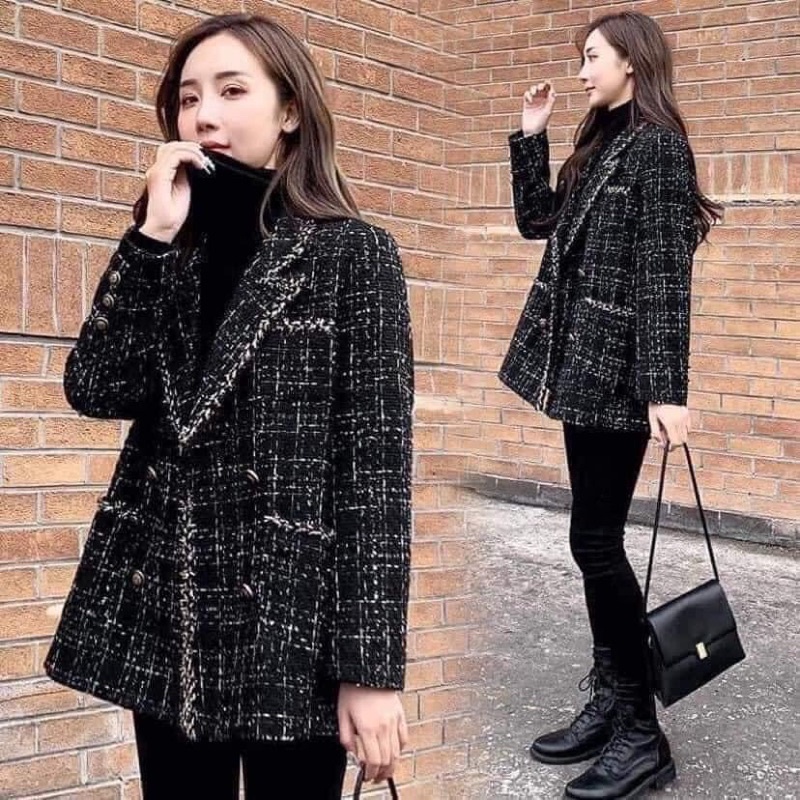 |Ảnh thật|Áo dạ twed mẫu mới màu đen kẻ trắng,xả hàng đông