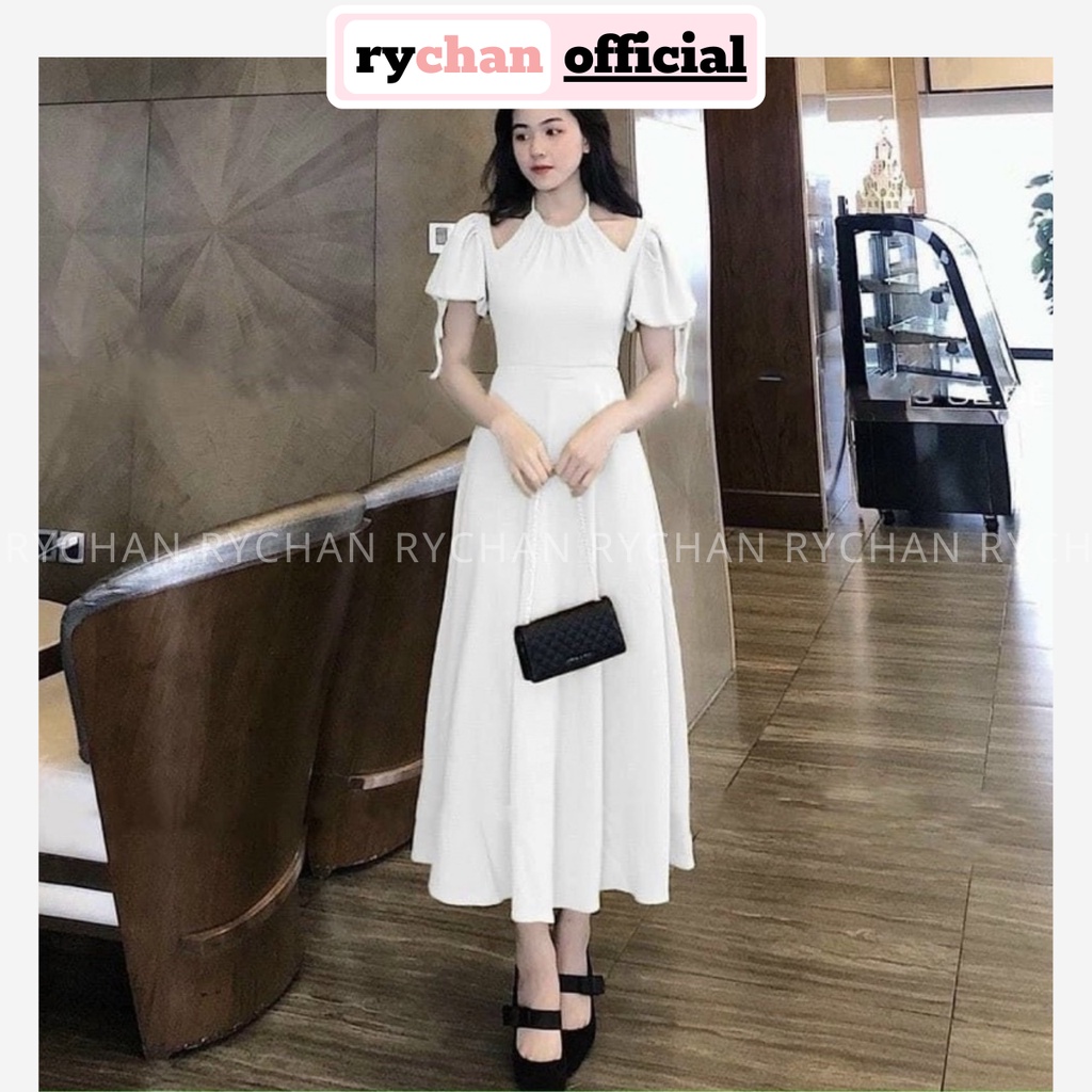 Đầm Váy Nữ Dự Tiệc Cổ Yếm Cách Tân Khoét Vai Tay Bo Dây Cổ Xưa Màu Xanh Đen Trắng [ẢNH THẬT CUỐI] - DX9729