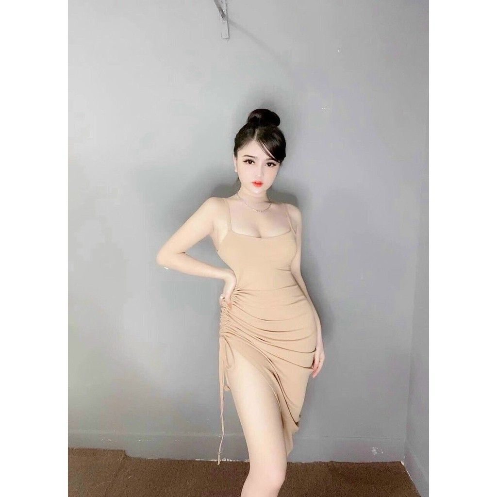 [Mã FAMAYWA2 giảm 10K đơn 50K] Đầm hai dây ôm body kiểu xẻ tà rút dây 1 bên cực sexy , chất thun bozip mềm mịn