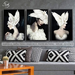 Bộ 3 tranh canvas cô gái bồ câu ấn tượng gồm khung tặng đinh 3 chân treo tranh