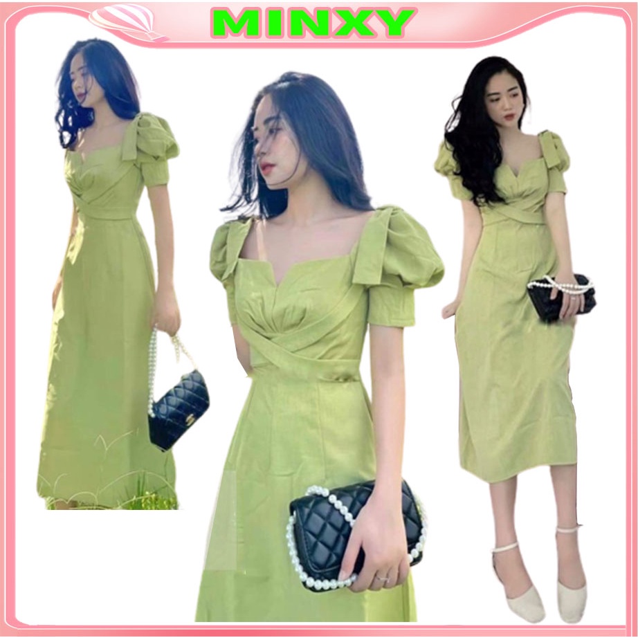 Váy xanh dây đan chéo nơ vai đầm ngực xẻ nơ vai điệu đà chất vải chéo thái Hàn thiết kế chanh xả-Minxy shop
