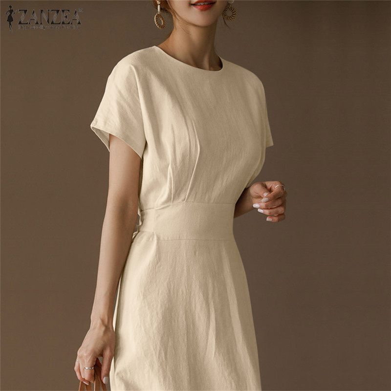 Đầm Dài ZANZEA Tay Ngắn Cổ Tròn Màu Trơn Có Dây Cột Và Khóa Kéo Phía Sau Dành Cho Nữ | BigBuy360 - bigbuy360.vn