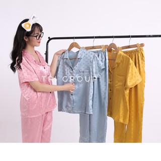 Đồ ngủ pijama lụa gấm chấm bi cộc dài