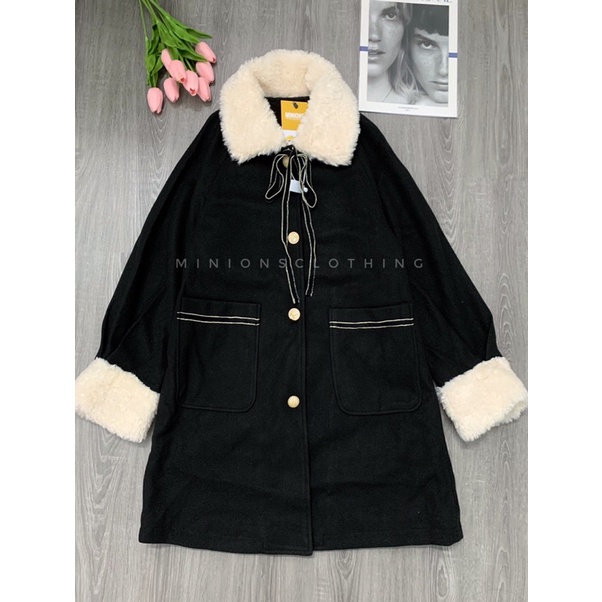 Áo khoác dạ cổ lông cừu phong cách Hàn Quốc hai lớp . Áo khoác dạ Minions Clothing hai lớp cổ lông cừu dày .