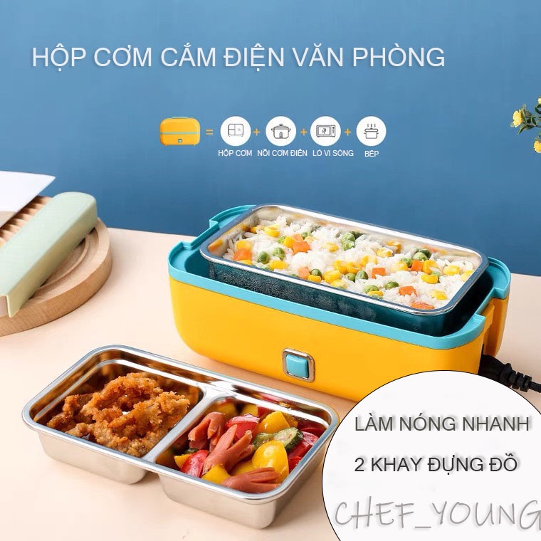 Hộp cơm cắm điện hâm nóng đồ ăn văn phòng 2 tầng, nhỏ gọn, làm nóng nhanh, có tay cầm, an toàn sức khỏe