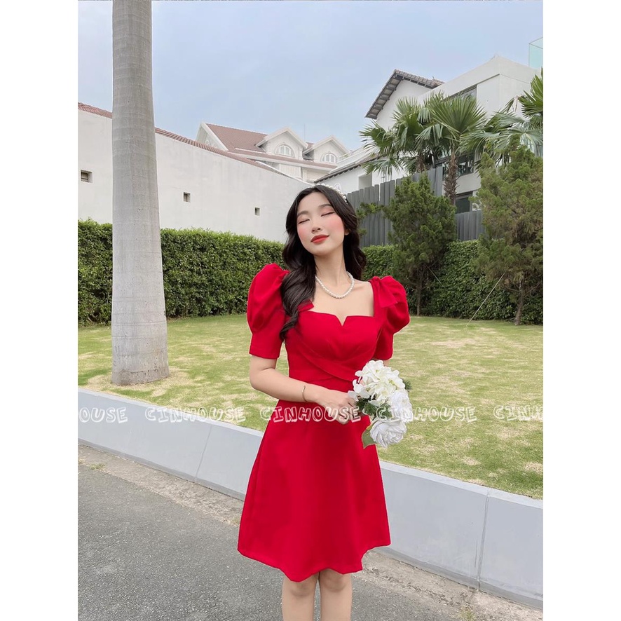 Đầm cổ vuông Mery 0102 phối tay phồng nơ vai trẻ trung CIN HOUSE