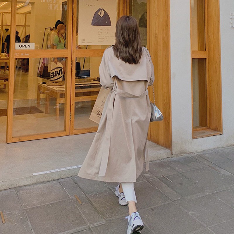 (Order) Áo măng tô trench coat nữ dáng dài kaki dày dặn có kèm đai phong cách Hàn Quốc