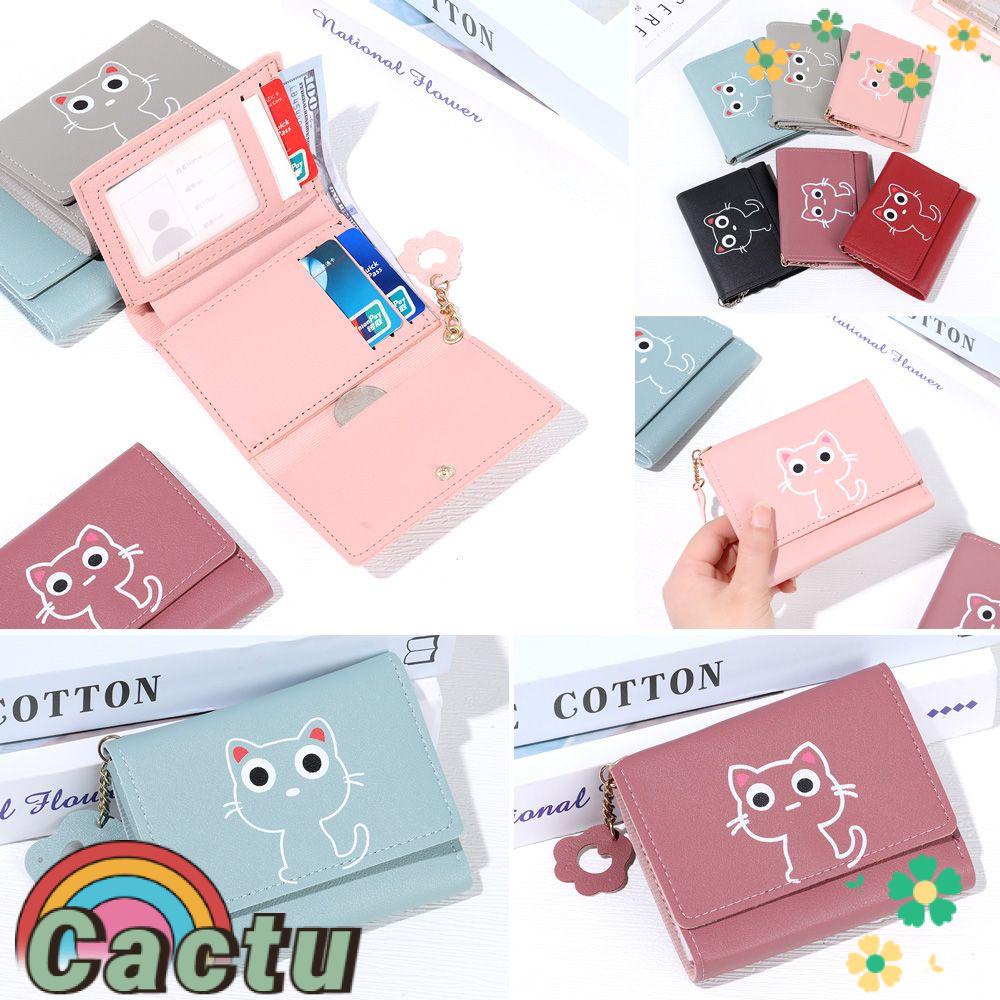 Ví Da Dáng Ngắn Có Ngăn Đựng Thẻ In Họa Tiết Mèo Dễ Thương Cho Nữ