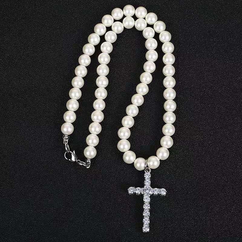 Vòng cổ choker chuỗi hạt ngọc trai phối mặt hình chữ thập đính đá phong cách Hàn Quốc cho nam và nữ