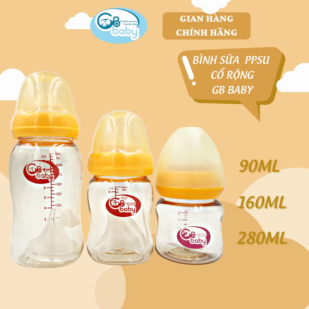 Bình sữa PPSU GB-Baby Cổ rộng dung tích 90ml 160ml 280ml Cổ rộng Tặng núm ty và cây cọ ống hút