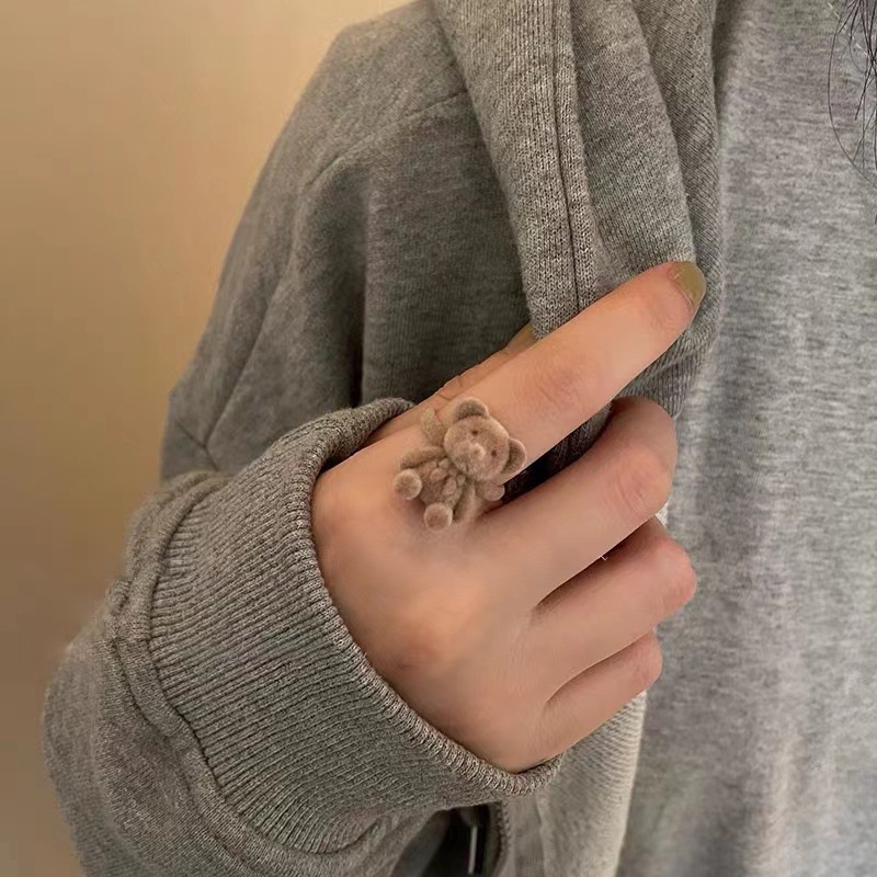 Nhẫn mở ba chiều bằng vải nhung hình gấu đáng yêu có thể điều chỉnh phong cách thời trang thu đông dành cho nữ