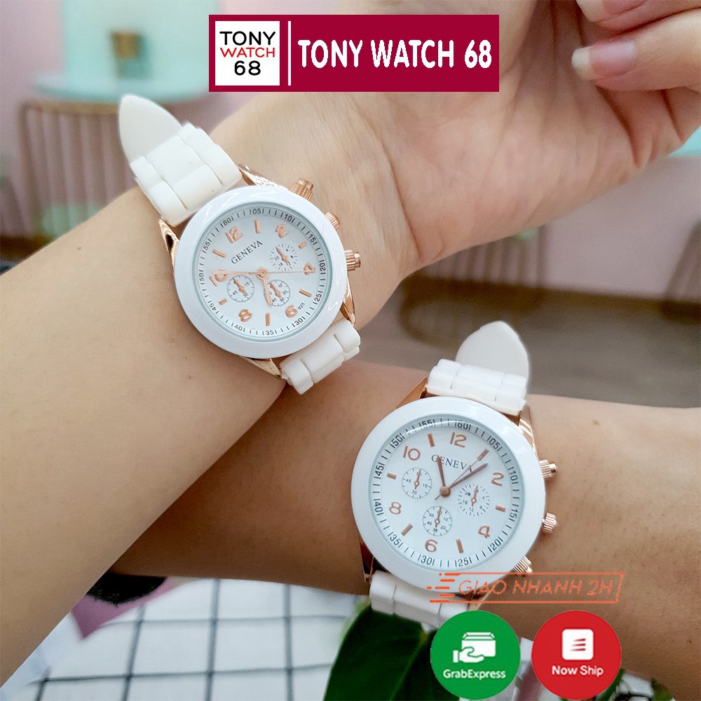 Đồng hồ cặp đôi nam nữ Geneva dây cao su trắng mặt kính cong độc đáo chính hãng Shop