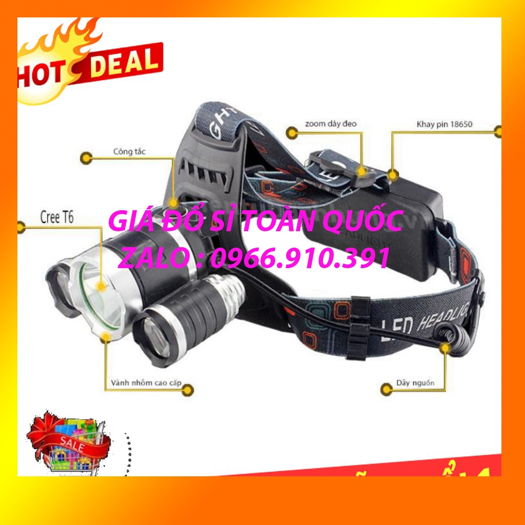 đèn pin đội đầu siêu sáng mini 3 bóng xml t6, đèn bin wasing x800 nhập khẩu