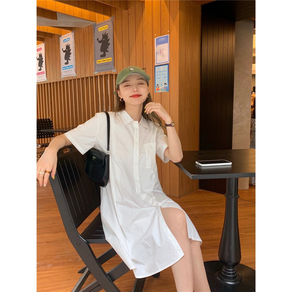 Đầm/Váy sơ mi thô dáng chữ A có túi ngực