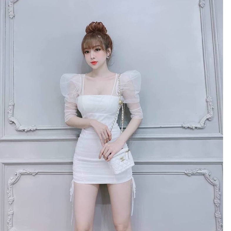 Gunkaymatter Đầm Body Cổ Vuông Phối Lưới,Có Mút Ngực,Chất Liệu UMI Phối Lưới,Phù Hợp Mọi Phong Cách