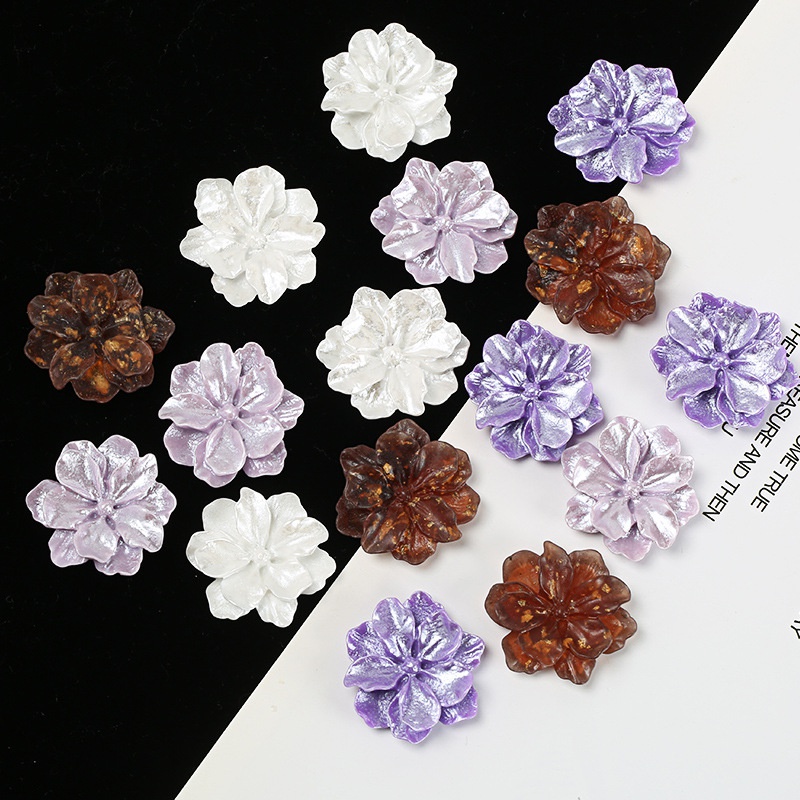 Set 10 phụ kiện hoa năm cánh hai lớp bằng resin đính ngọc trai mặt sau phẳng trang trí ốp điện thoại diy