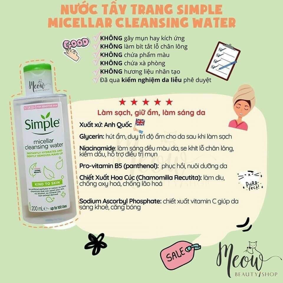 Bộ chăm sóc làm sạch da Sữa rửa mặt, Tẩy trang, Nước hoa hồng Toner hãng Simple UK cho da nhạy cảm