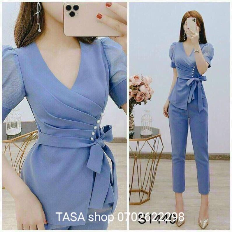 TBL-Sét Đồ Bộ Kiểu Nữ Đi Chơi Áo Xếp Ly Đính Nơ Đóng Cườm Tay Tơ Lưới &amp; Quần DàiJumpsuit (đỏ, hồng, đen, xanh) TASA