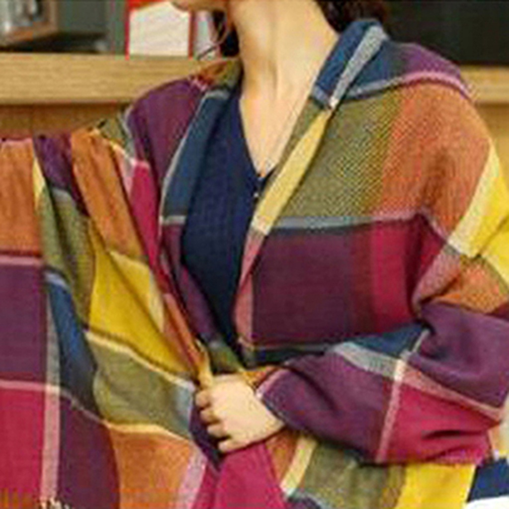 Khăn choàng cổ phối tua rua thời trang hoa văn caro