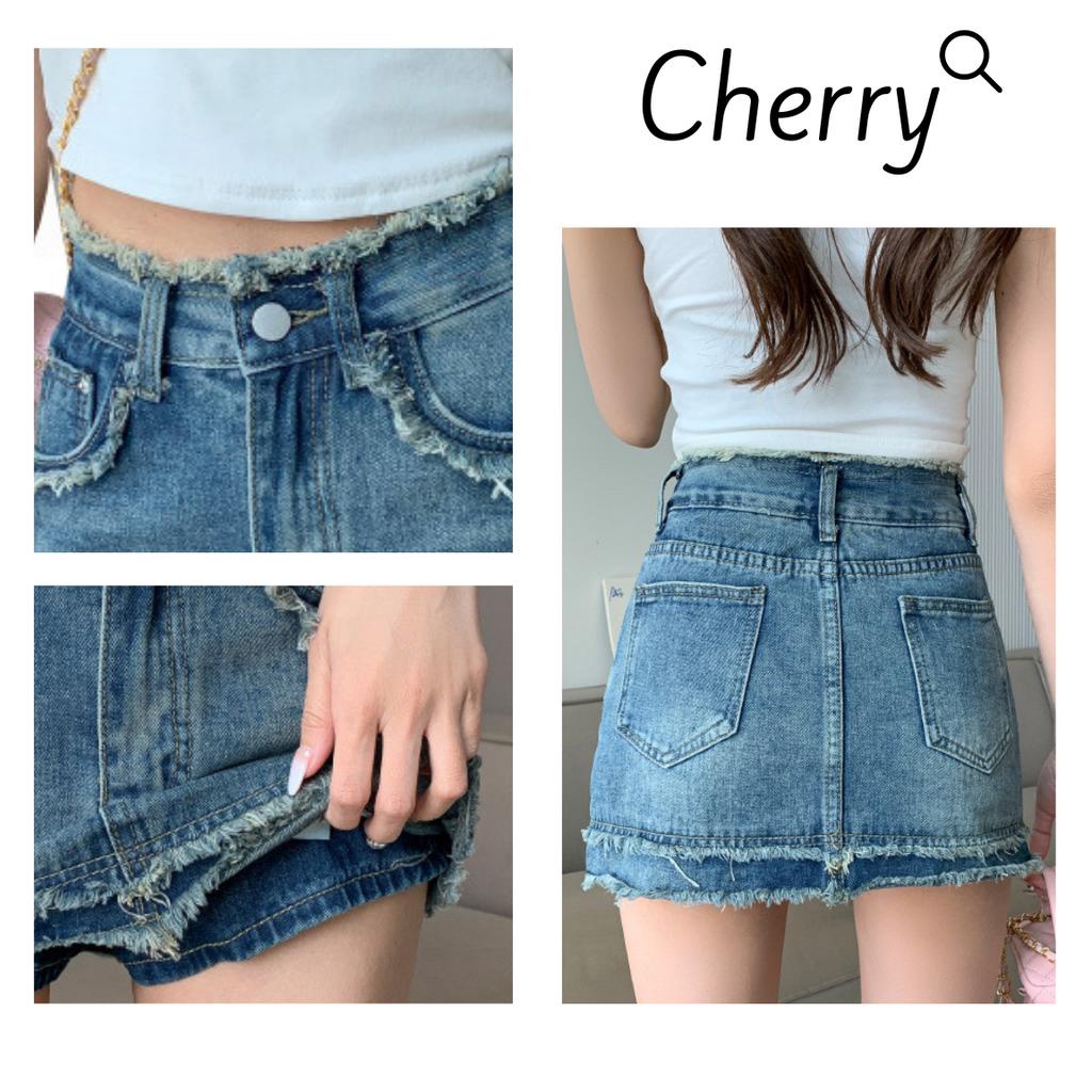 Chân váy jean nữ tua rua CHERRY dáng ngắn phong cách Hàn Quốc, Chân váy bò chữ A tua rua cạp cao có quần trong T084