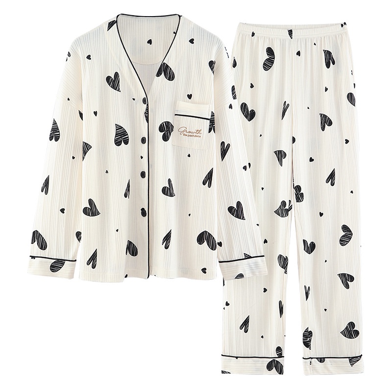 Bộ đồ ngủ dài tay dễ thương thu đông bigsize mặc nhà vải cotton phong cách Cardigan, bầu bì bon chen ok | BigBuy360 - bigbuy360.vn