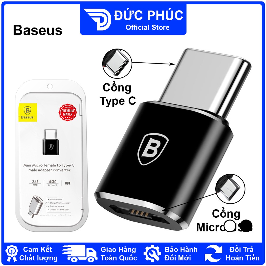 ĐẦU CHUYỂN ĐỔI Baseus Mini Micro female To Type C, Micro USB ra Type C, sạc nhanh và truyền dữ liệu 2.4A – Chính Hãng