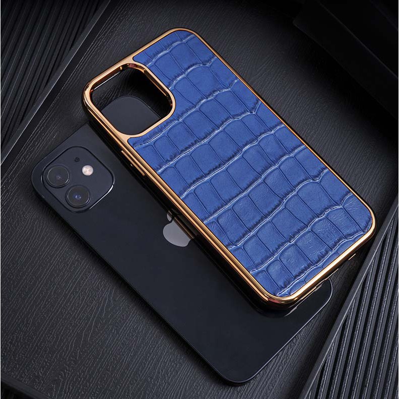 Ốp lưng da iPhone 12 pro max vân cá sấu viền mạ crom sang trọng