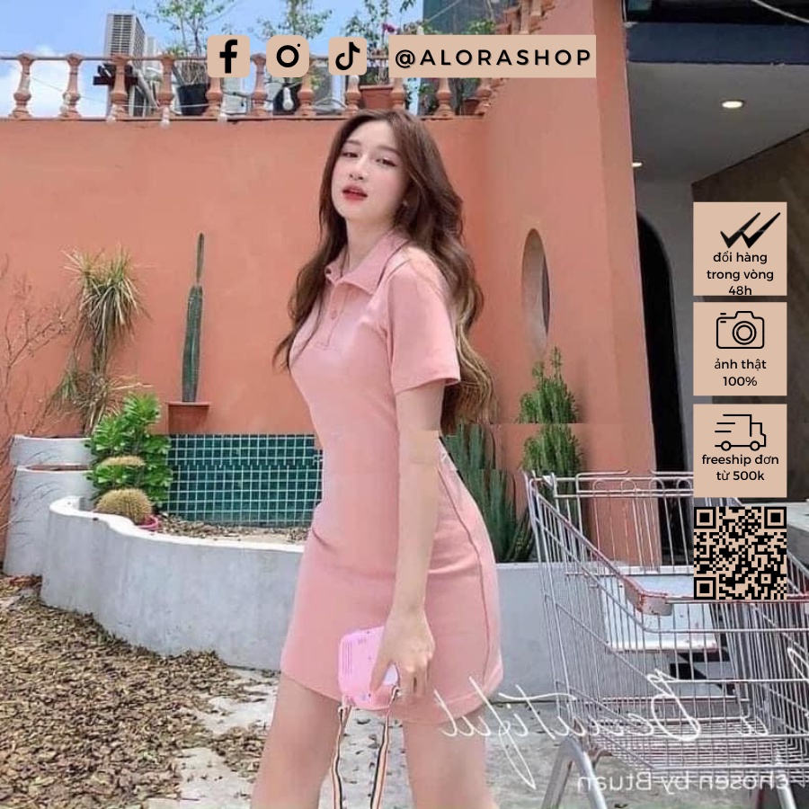 Váy nữ polo, đầm nữ cổ bẻ chất cotton zip dáng ôm ngắn tay hồng, đen freesize thời trang nữ Alora | BigBuy360 - bigbuy360.vn