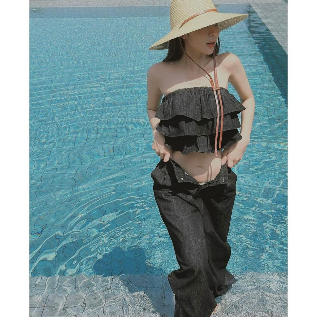 SET ÁO ỐNG TẦNG ĐEN CÚP NGỰC BO CHUN + QUẦN ĐEN SUÔNG (TH)