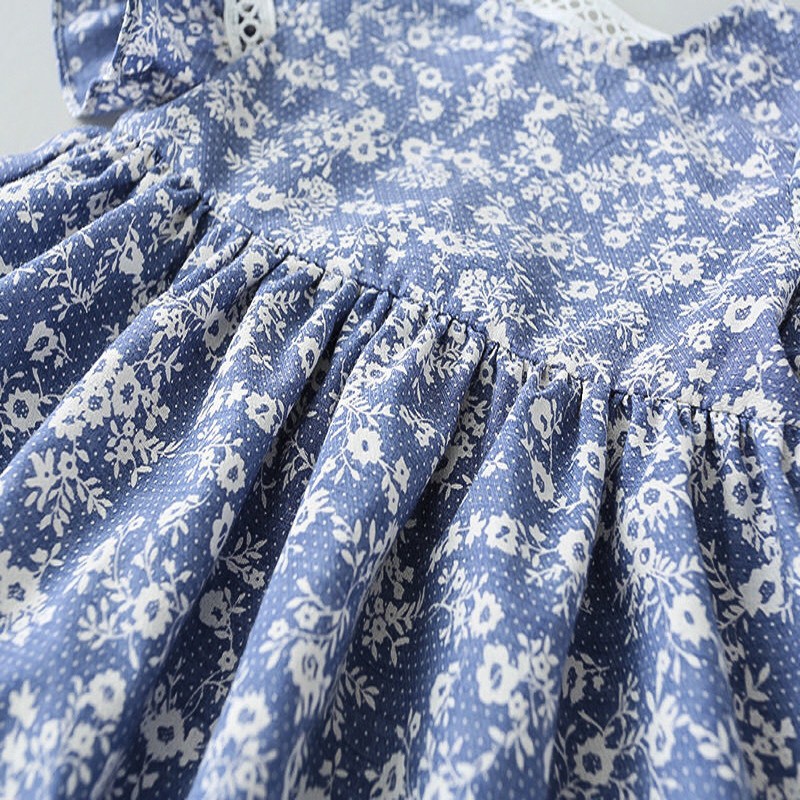 [CÓ SẴN Váy xanh hoa nhí tay chuông cho bé hàng Quảng Châu