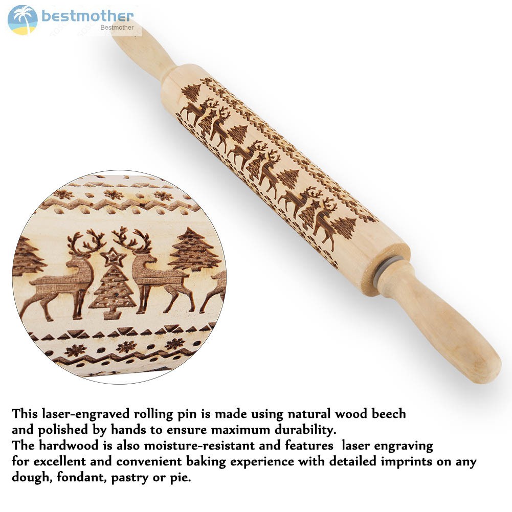 ✿BM✦ Christmas Rolling Pin Engraved Carved Wood Embossed Rolling Pin Kitchen Tool