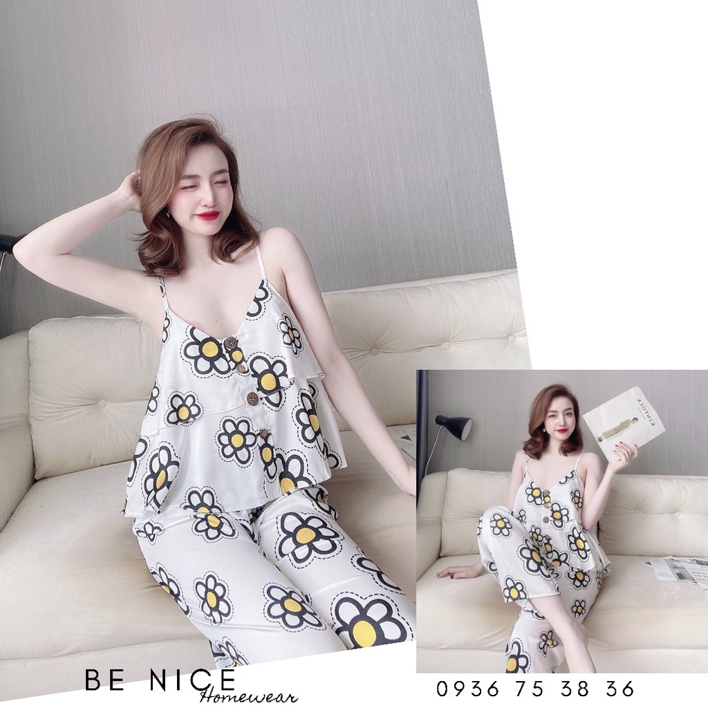 Set lụa dài dây tầng mặc nhà phối nút gỗ cho nàng nhà Be Nice Homewear