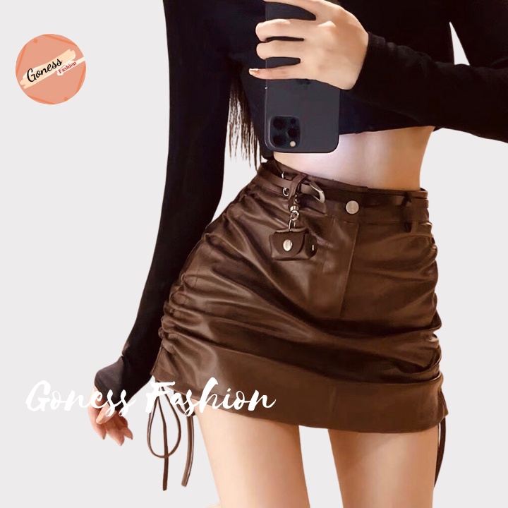 Chân váy Goness kiểu rút dây 2 bên dáng ngắn chất liệu da nữ body nhún hông ulzzang | BigBuy360 - bigbuy360.vn