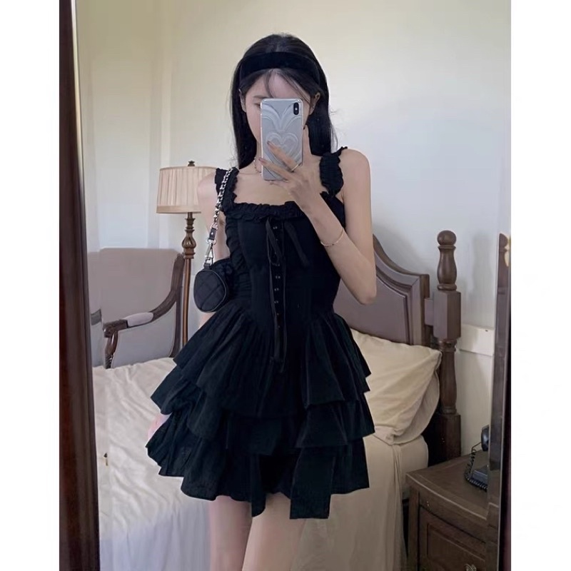 Váy hai dây đen xoè corset new trend 2023 cá tính váy ngắn gothic lolita âu mĩ cosplay